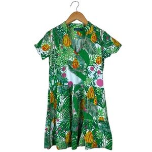 La Plage “Banana Jungle” Green Floral Cotton Dress with Pockets Size Small